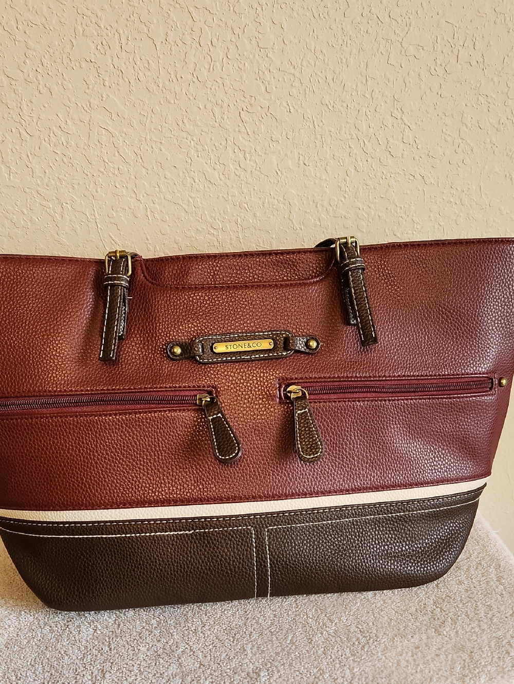 Stone & Co. Multi-Block Design Brown, Bone,  and Burgundy Tote